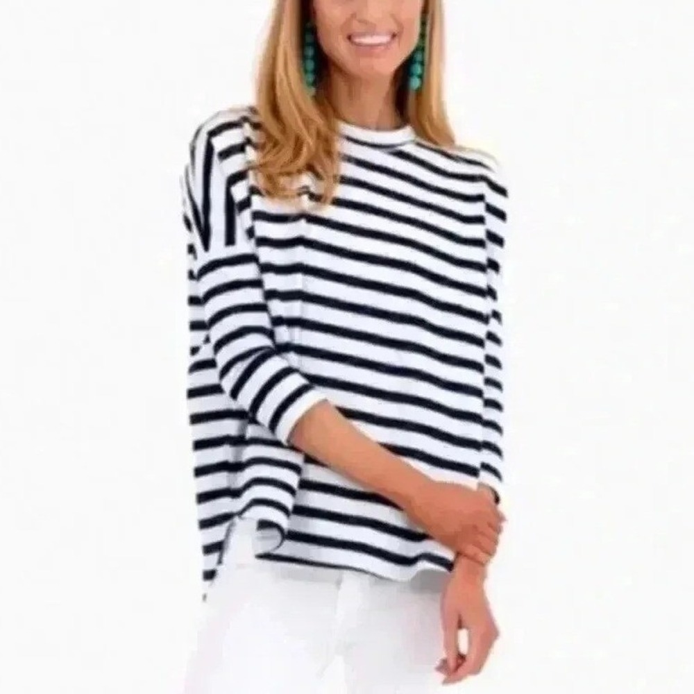 Coastal Beach Navy White Stripe Anchor Graphic Oversize Sweater Long Sleeve L/XL
